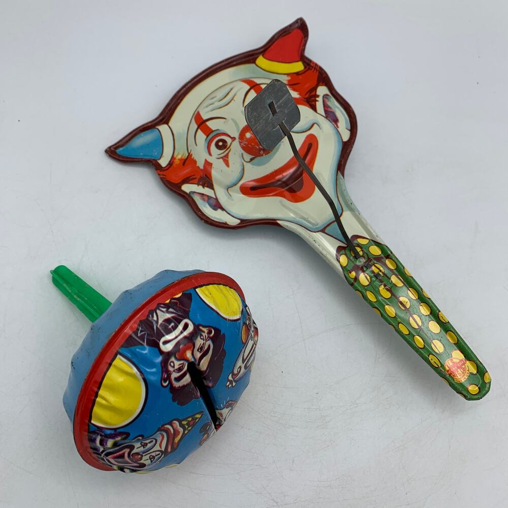 Vintage US Metal Toy Tin Clown noise makers Lot of 2